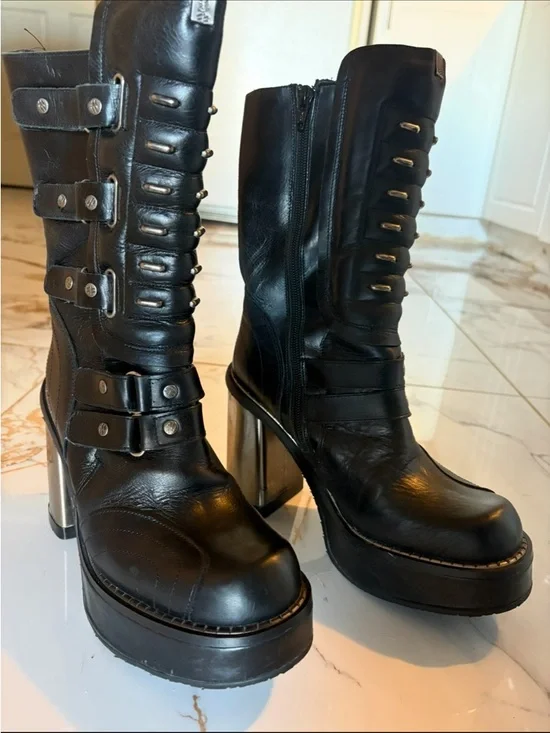 RARE - Y2K Vintage Black New Rock Platform Leather Boots Size 38 W  Or 5UK - Picture 11 of 15